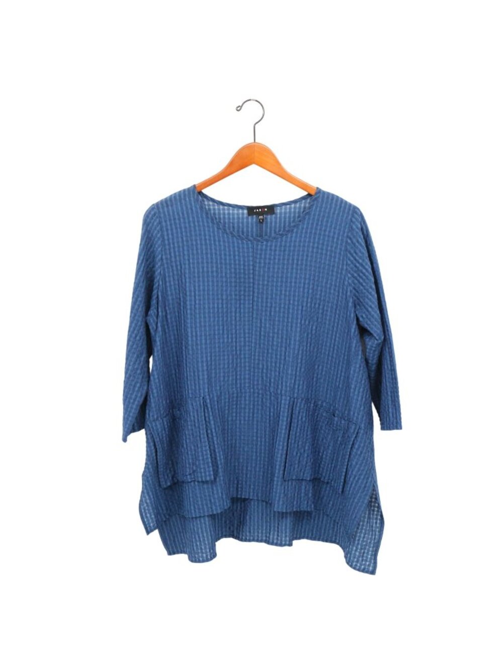 Jason by Comfy USA Textured Stripe Blue Asymmetrical Hem Pocket Tunic Top L